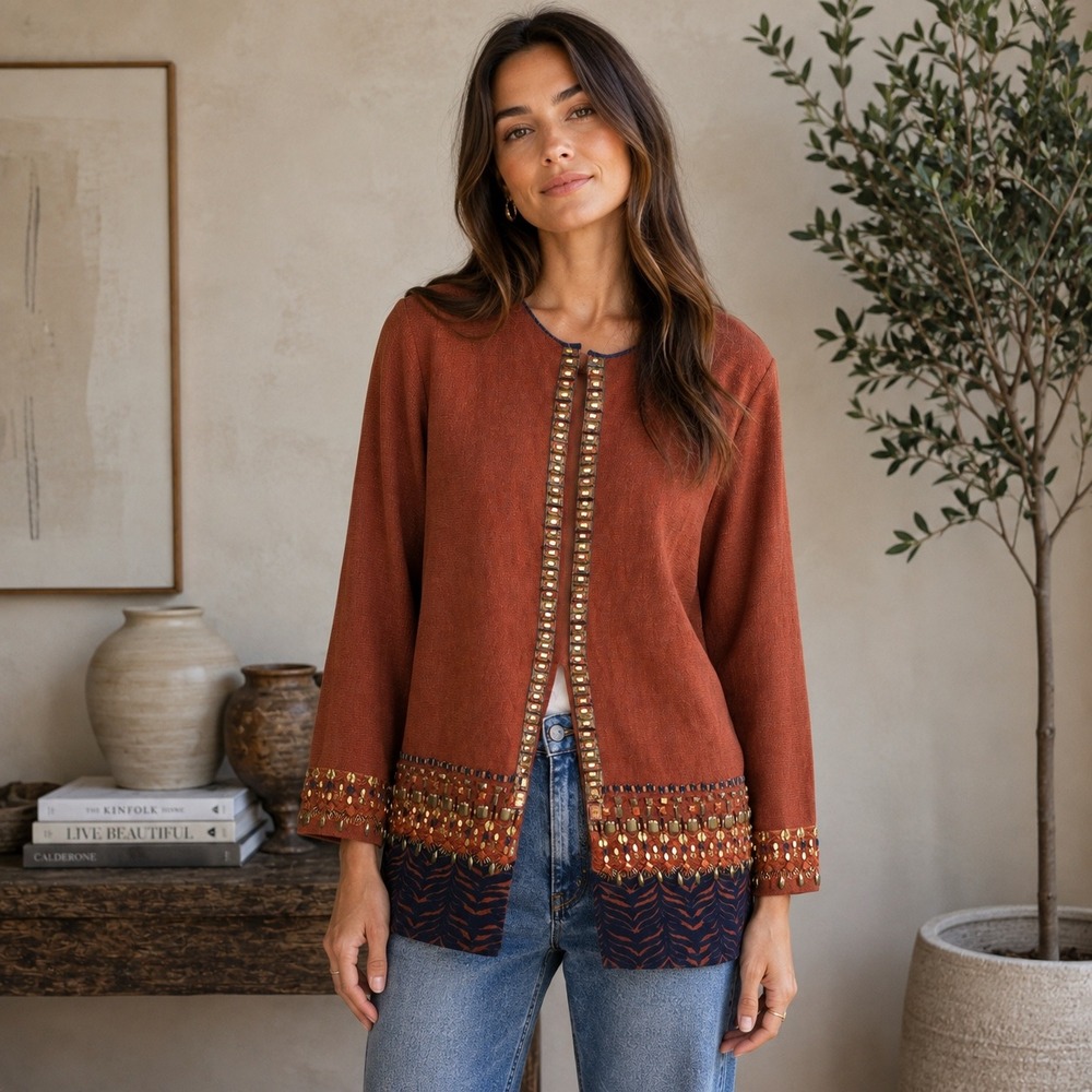 Chicos Rust Orange Embellished Open Front Cardigan Tiger Print Hem Size 1 Medium